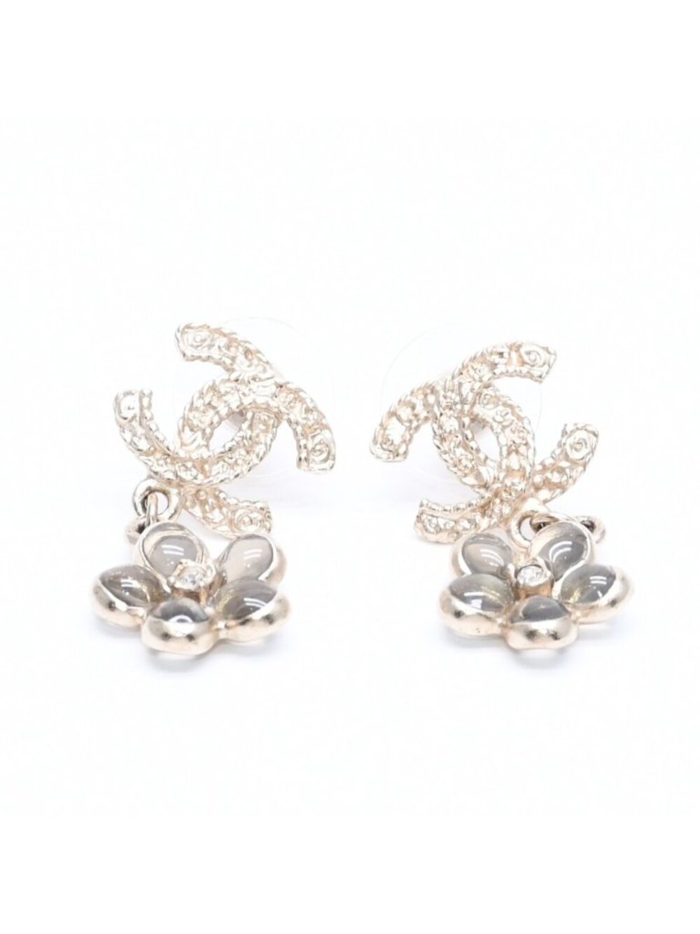 Chanel CC Logo Camellia Drop Earrings Weight Stamp Metal Rhinestone Resin